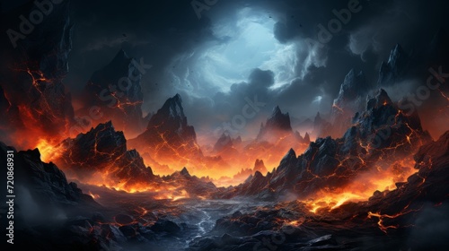 Apocalyptic Volcanic Mountains with Fiery Sky   Epic Landscape Art