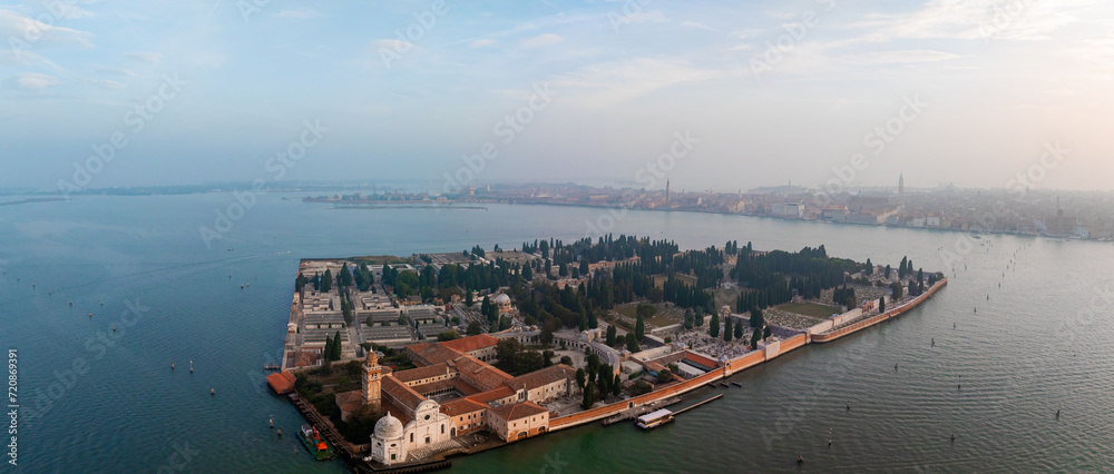 Aerial view of historic Saint Michele cemetery island near Murano and Venice, Italy