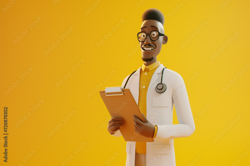 Doctor african cartoon character holds clipboard. Doctor african cartoon character holds clipboard.