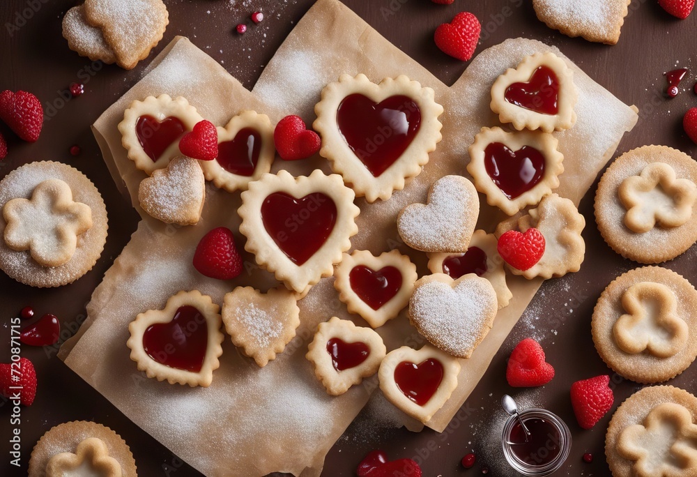  jelly Linzer cutters jam Baking top cookies image lay sheets heart icing jam treats Romance concept including filled love cookie view shaped food sugar Flat baking concept
