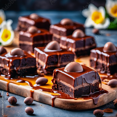 on a wooden Board slices of chocolate cake with chocolate melted on top