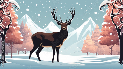 Deer illustration with winter snow background. Graphic resource for web design, poster, social media, wall decoration. Ready to use and print © Jati
