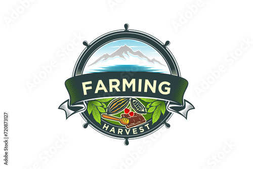 Cacao fruit farming badge logo, vintage label harvesting fresh cocoa from village agricultural fields.