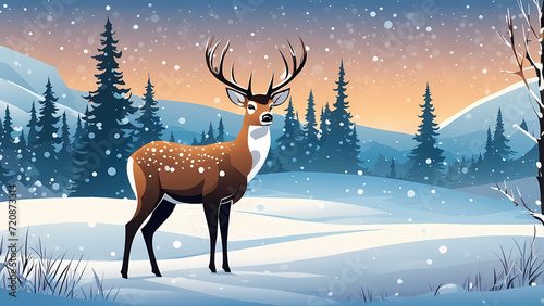 Deer illustration with winter snow background. Graphic resource for web design, poster, social media, wall decoration. Ready to use and print © Jati