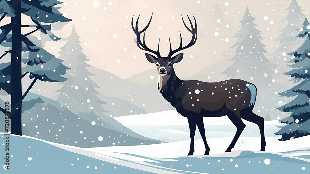 Deer illustration with winter snow background. Graphic resource for web design, poster, social media, wall decoration. Ready to use and print