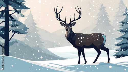 Deer illustration with winter snow background. Graphic resource for web design  poster  social media  wall decoration. Ready to use and print