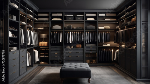 Neatly organized wardrobe with charcoal gray walls and black shelving, displaying fashion items © Emiliia