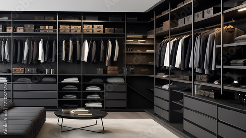 Elegant closet space with dark grey walls  sleek black shelving  and clothing collection