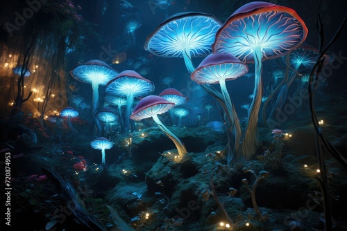 Magical mushroom in fantasy enchanted fairy tale forest with lots of brightness and lighting. Fantasy mushroom wallpaper. Fantasy glowing mushrooms in a dark forest.