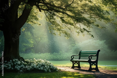 Bench under a tree in a park with sunbeams and fog. elegant looking bench in a beautiful green park. Bench in the park on a sunny morning.