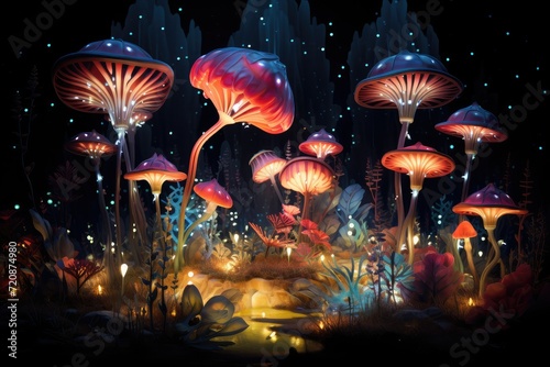 Fantasy magic mushrooms in the night forest. Fantasy Magical Mushrooms in enchanted Fairy Tale dreamy forest. Magical mushroom in fantasy enchanted fairy tale forest. © Jahan Mirovi