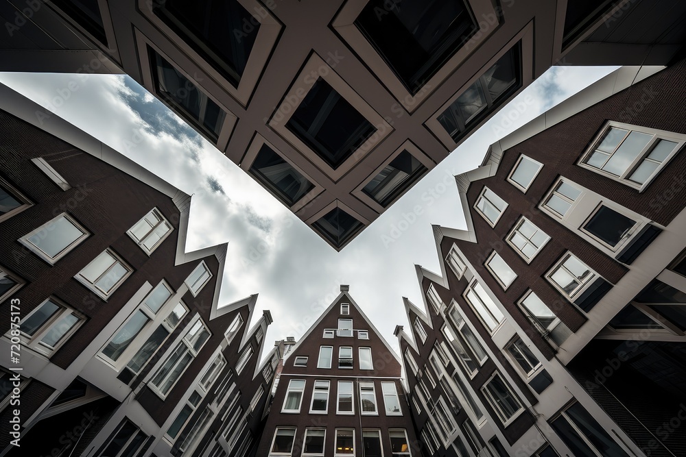 Architecture of Amsterdam, Netherlands. Beautiful view of the city center. Worm’s Eye View. Abstract building background.