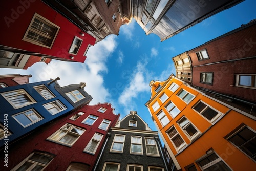 Colorful houses in the old town of Poland. Classic architecture. Beautiful cityscape. worm's eye view. high buildings.