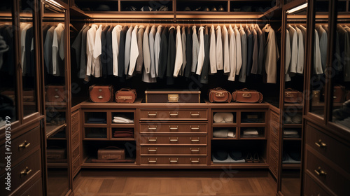 Wooden closet design with ample shelving, showcasing blend of clothing and fashionable accessories