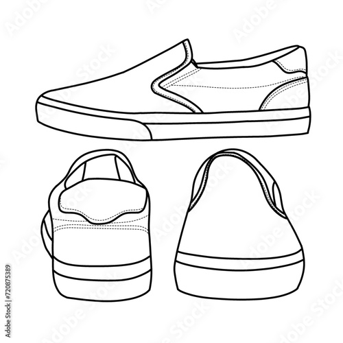 Technical sketch drawing of Mens Slip On Canvas Shoes Sneakers, suitable for your custom slip on shoes design, outline vector doodle illustration, side, front and rear view isolated on white 