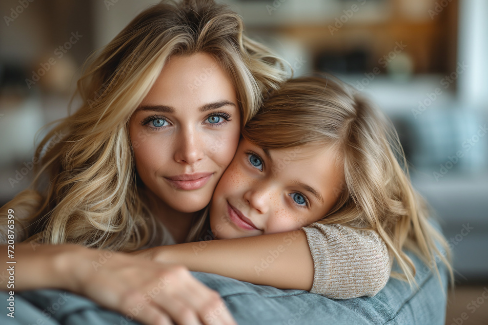 Mother and Daughter, Family Sofa Hug, Tenderness Between Intergenerational Women, United on Mother's Day and Women's Day Mother and Daughter, Family Sofa Hug, Tenderness Between Intergenerational Women, United on Mother's Day and Women's Day