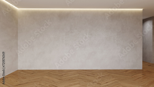 Empty room for mood board and furniture. Gray beige wall taupe concrete or cement plaster microcement texture. Wood floor herringbone. Mockup for interior design in minimal modern style. 3d rendering © Viktoriia