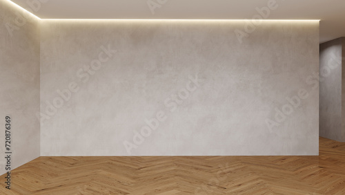 Empty room for mood board and furniture. Gray beige wall taupe concrete or cement plaster microcement texture. Wood floor herringbone. Mockup for interior design in minimal modern style. 3d rendering