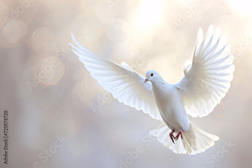 Fliegende Taube im Licht, Zeichen für Frieden, Religion, Christentum, Ostern, Freiheit, Hochzeit, Liebe © FJM
