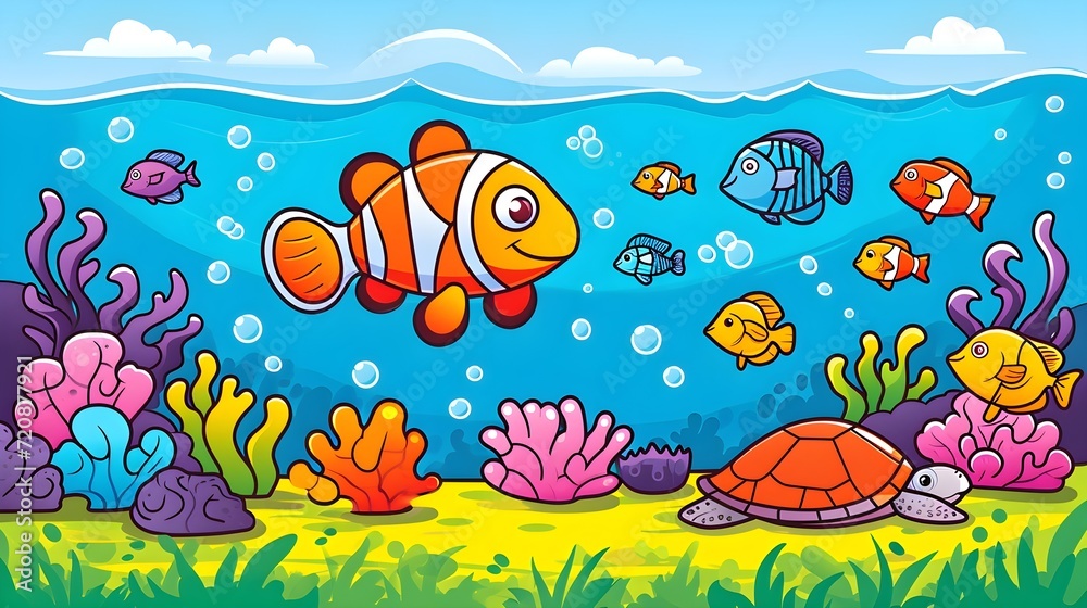 Ocean Wonders: Underwater Marine Life Scene with Fish, Corals, and Sea Turtles Ocean Wonders: Underwater Marine Life Scene with Fish, Corals, and Sea Turtles