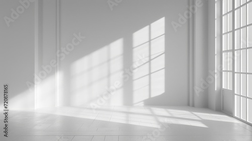 Abstract white studio background for product presentation. Empty room with shadows of window.