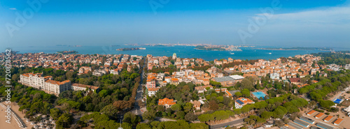 Aerial view of the Lido de Venezia island in Venice, Italy. The island between Venice and Adriatic sea.