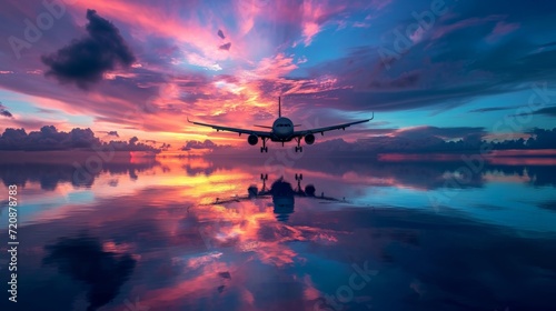 Airplane flying on tropical colorful evening sky over the sea at beautiful sunset with reflection © Sasint