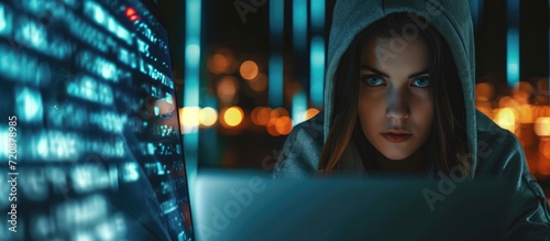 A female hacker, capturing identity through malicious software, gazes at the camera. photo