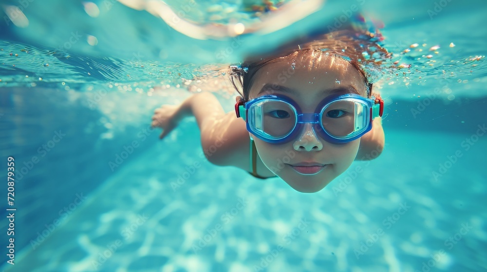 Asian child backstroking in the deep pool.Active kid swimming during competition. Sports activity. Girl wearing goggles in blue water.Fun leisure activity