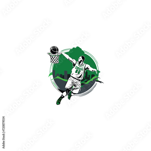 A basketball player doing slamdunk in simple shape logo vector