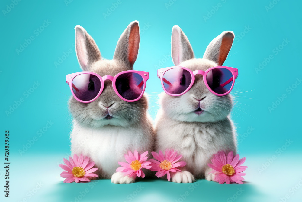 Cute  Easter bunnies wearing stylish sunglasses and pink daisy flowers decoration on blue background