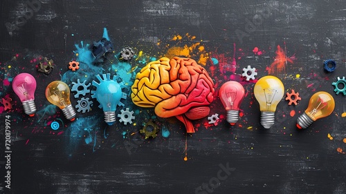 Creative Brain with Gears and Light Bulbs in B&W

