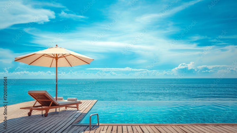 Beautiful landscape of sea ocean on sky with umbrella and chair around luxury outdoor swimming pool in hotel resort for leisure travel and vacation