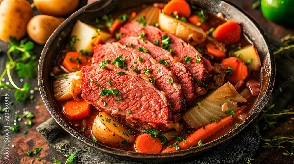 Traditional Corned Beef And Cabbage With Potatoes And Carrots Garnished With Parsley - obrazy, fototapety, plakaty 