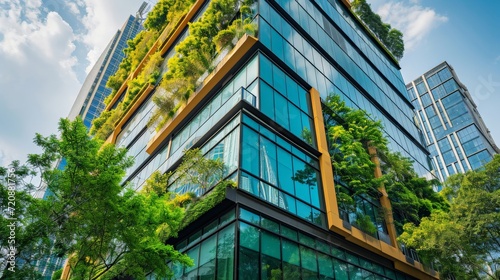 Eco-friendly building in the modern city. Sustainable glass office building with trees for reducing heat and carbon dioxide. Office building with green environment. Corporate building reduce CO2