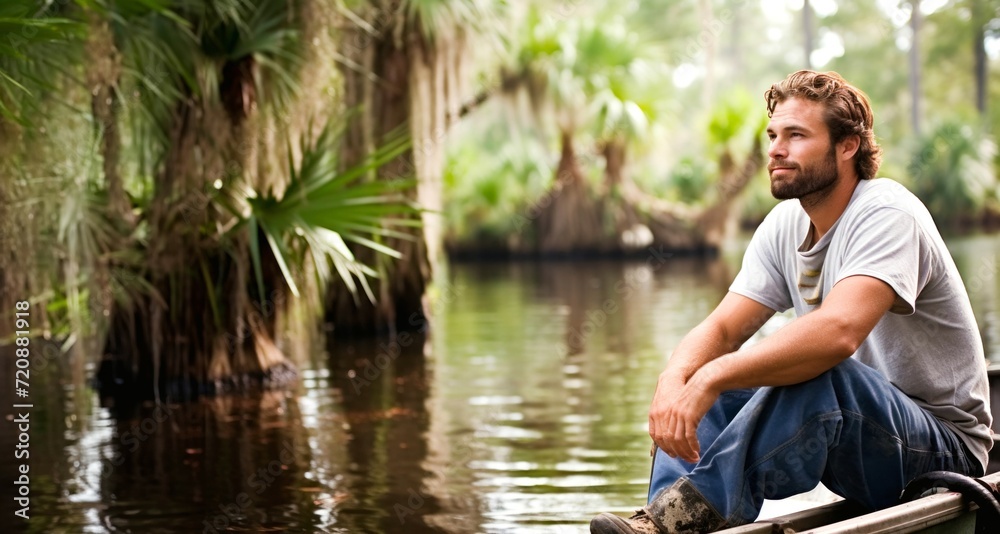 Portrait of a handsome man sitting on a boat in a swamp Portrait of a handsome man sitting on a boat in a swamp