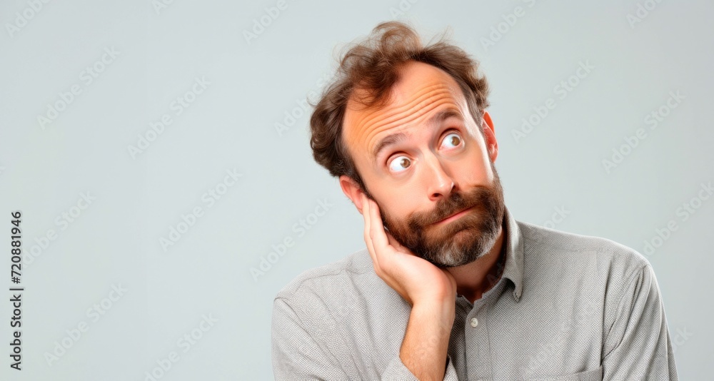 Man with beard and mustache has just realized something and has intending the solution on grey background Man with beard and mustache has just realized something and has intending the solution on grey background