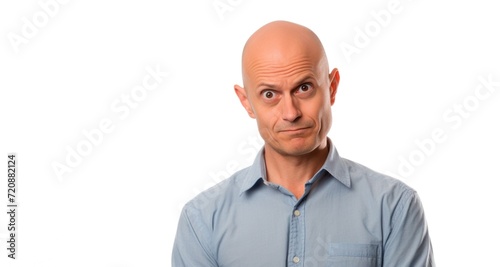 Portrait of a bald man in a blue shirt on a white background