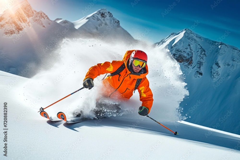 Skier skiing downhill in high mountains. Caucasus Mountains, Georgia, region Gudauri.