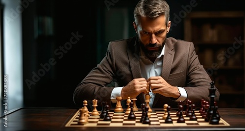 Mature businessman playing chess in dark room. Concept of business, management, strategy and success.