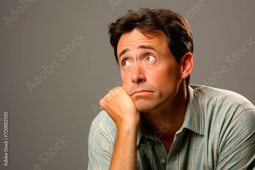 Portrait of a young man thinking on grey background with copy space