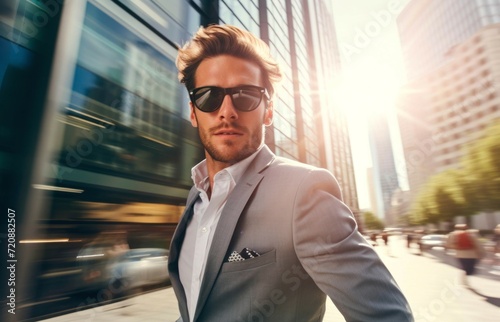 Portrait of a handsome young man in a business suit and sunglasses.