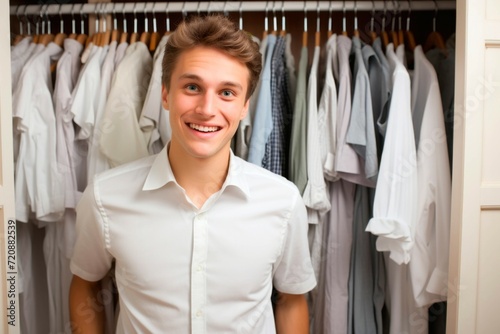 Handsome young man standing in wardrobe and smiling at camera.