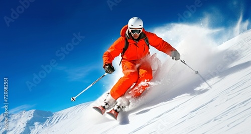 Skier skiing downhill in high mountains. Sport and active life concept.
