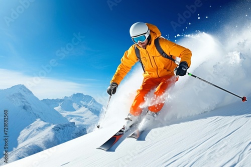 Skier skiing downhill in high mountains. Winter sport and healthy lifestyle.