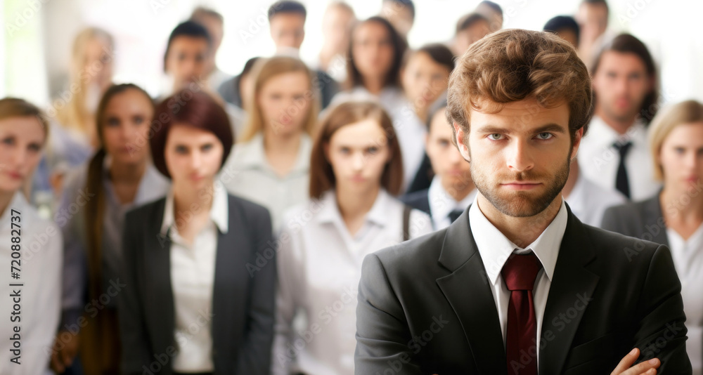 Confident businessman standing in front of his colleagues, looking at camera Confident businessman standing in front of his colleagues, looking at camera