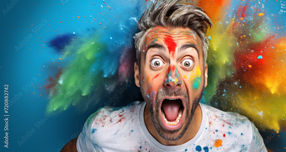 Portrait of a crazy man with painted face and multicolored splash on blue background