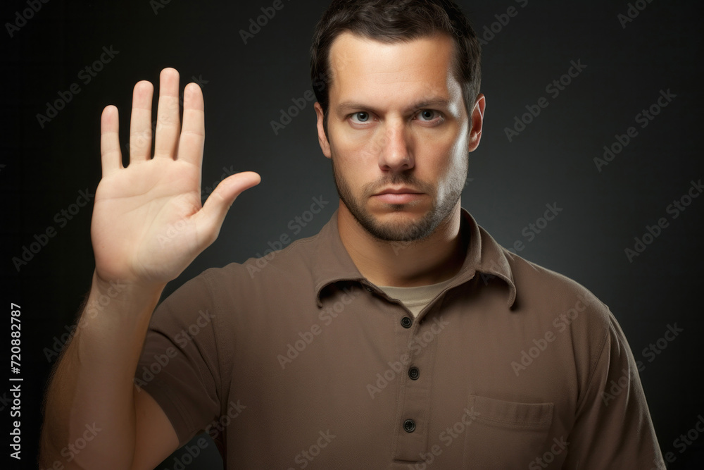 Portrait of a serious young man showing stop gesture on grey background