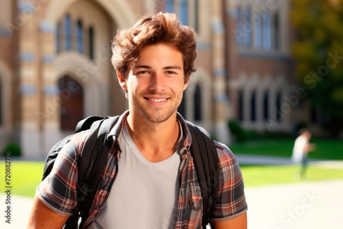Portrait of a handsome young man standing in front of university building