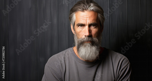 Portrait of a handsome senior man with gray beard and mustache against wooden background